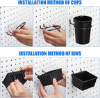 Sieral 64 Pieces Pegboard Bins Pegboard Cups with Hooks and Loops Peg Hooks Assortment Organizer Accessory for Organizing Acc