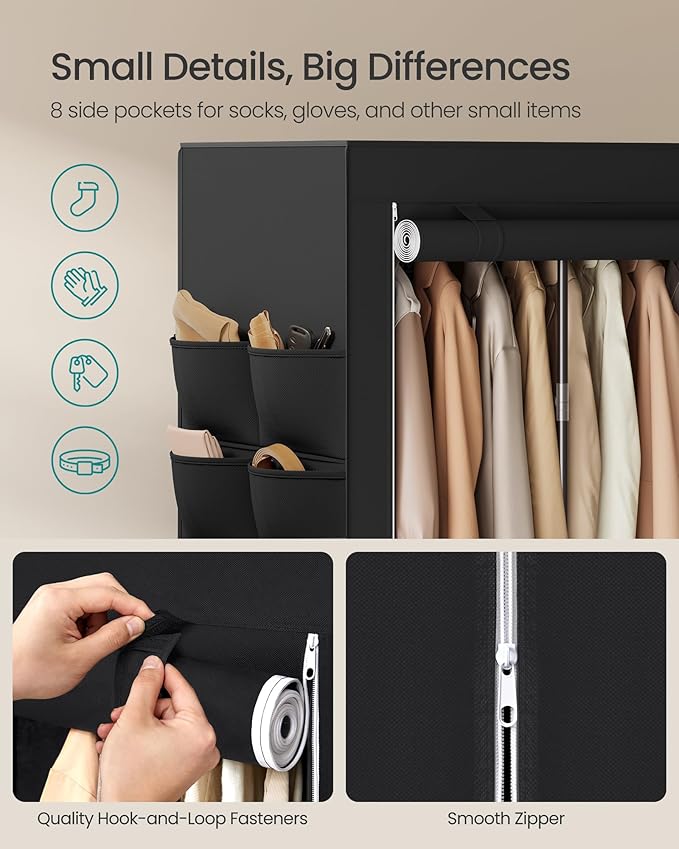 SONGMICS Portable Closet, Fabric Wardrobe, Clothes Rack with Shelves, Pockets, Large Capacity, 3 Hanging Rods, 50 x 17.7 x 70
