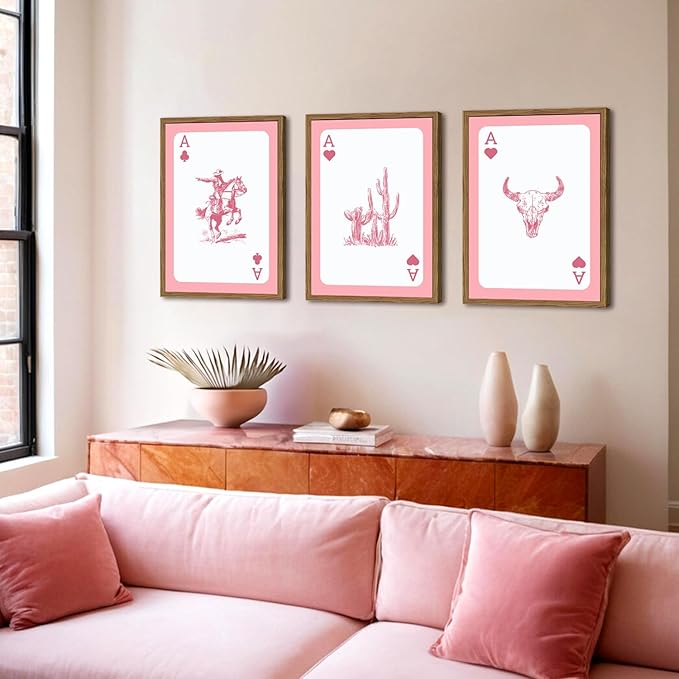 Western Cowboy Wall Art Set of 3 Southwestern Playing Card Wall Decor Pink Western Poster Canvas Prints Longhorn Bull Skull R