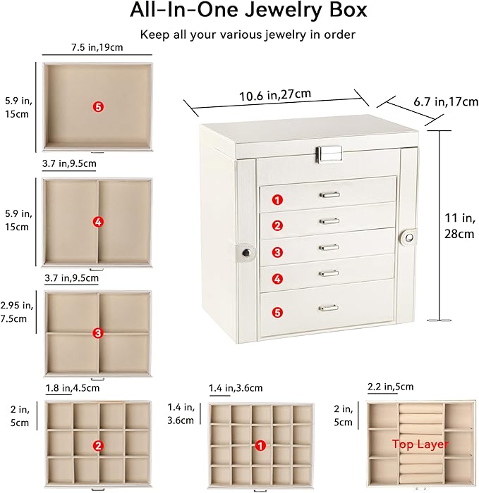Frebeauty Large Jewelry Box,6-Tier PU Leather Jewelry Organizer,Multi-functional Storage Case with Mirror,Accessories Holder 