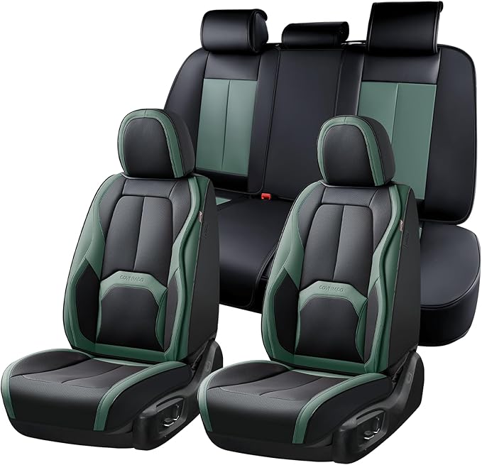 Coverado Car Seat Covers Full Set, Green Car Seat Cover, Car Leather Seat Protector with Lumbar Support, Waterproof Car Seat 