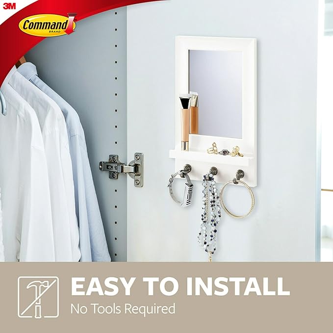 Command Mirror Organizer with 3 Key Hooks and Small Ledge, Holds up to 2 lb, Quartz, Removable Wall Mirror for Entryway or Ha
