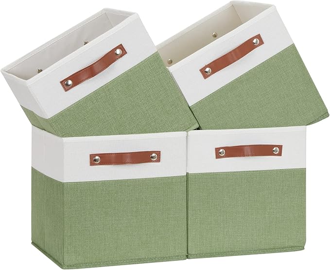 Temary Fabric Storage Bin 11x11 Cube Storage Bins for Home, 4 Pack Fabric Organizer Bins Cube Organizer Bins with Leather Han