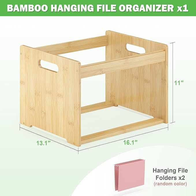 Hanging File Organizer Box for Letter Size, Bamboo File Folder Organizer, Storage Moving Boxes with Handle Wood Desk Filing B
