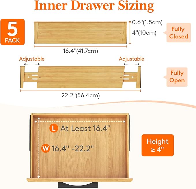 Lifewit 5 Pack Drawer Dividers Bamboo 4" High, 13.5-22" Adjustable Clothes Organizer