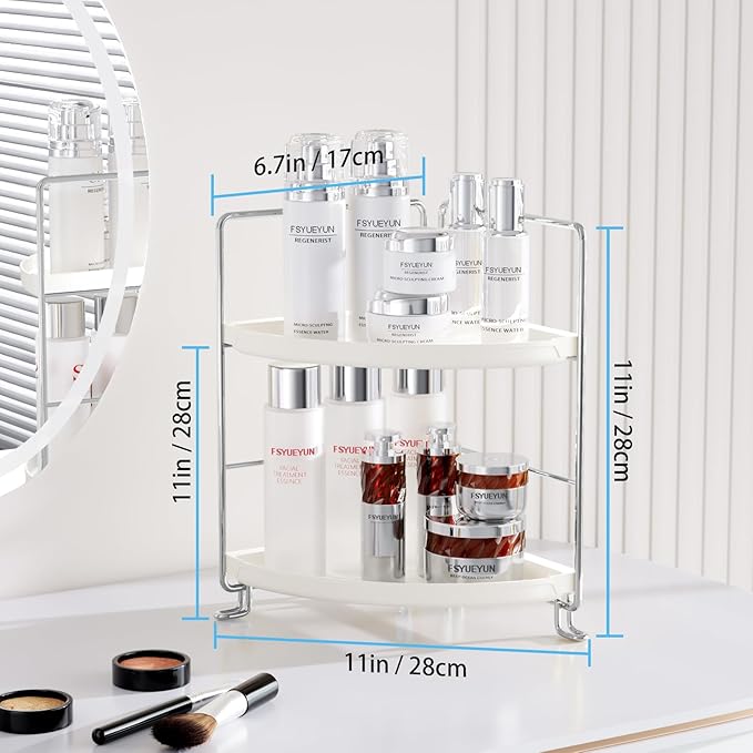 FSyueyun 2-Tier Corner Bathroom Counter Organizer, Tool-Less Installation Vanity Shelf Small Plastics Countertop Makeup Tray 