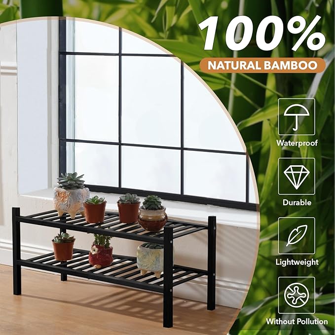 2 Tier Bamboo Shoe Rack Storage Organizer for Closet, Multifunctional Stackable Free Standing Shoe Shelf Organizer for Small 