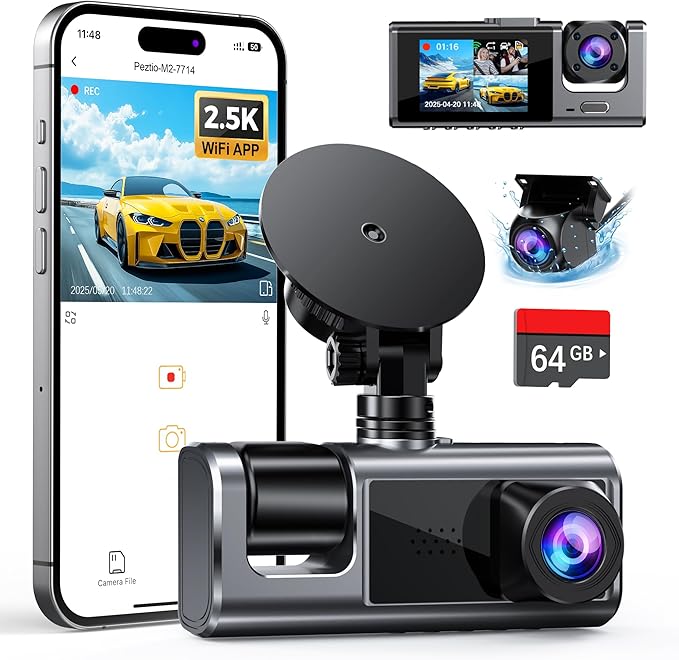 3 Channel WiFi Dash Cam Front and Rear Inside with 64GB SD Card, 2.5K+1080P+1080P Car Dash Camera for Cars Front and Rear, Da