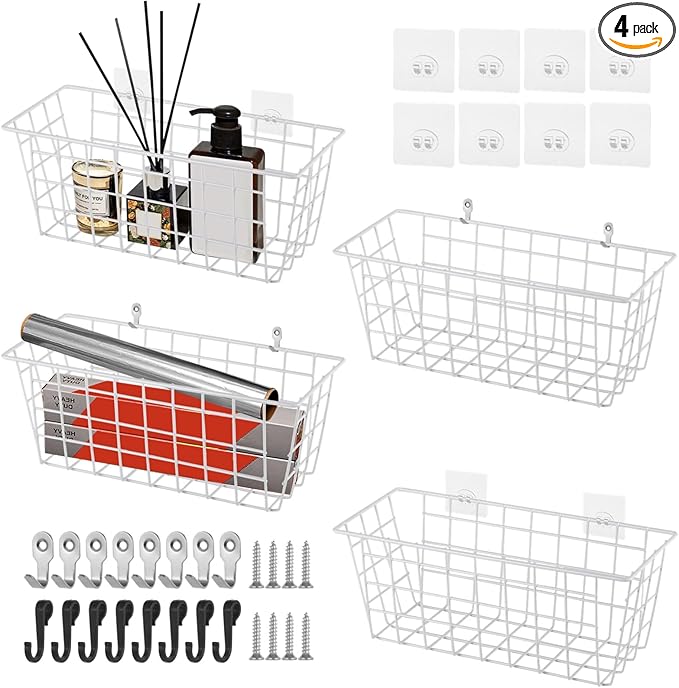 4PCS Hanging Wall Basket Wire Storage Baskets, White Wire Basket for Cabinet Door Organizer with 8 Hooks, Wall Mounted Shelf 