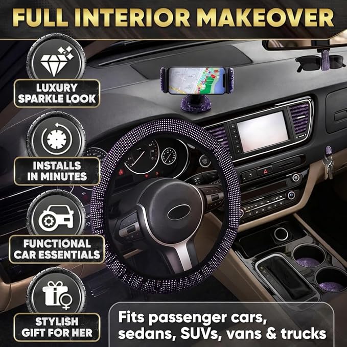 Purple Car Accessories Set, 27 Pieces – Bling Car Accessories for Women, Steering Wheel Cover, Rearview Mirror, Air Vent, Dashboard and Console Rhinestone Decor - Universal Fit Interior Styling Kit
