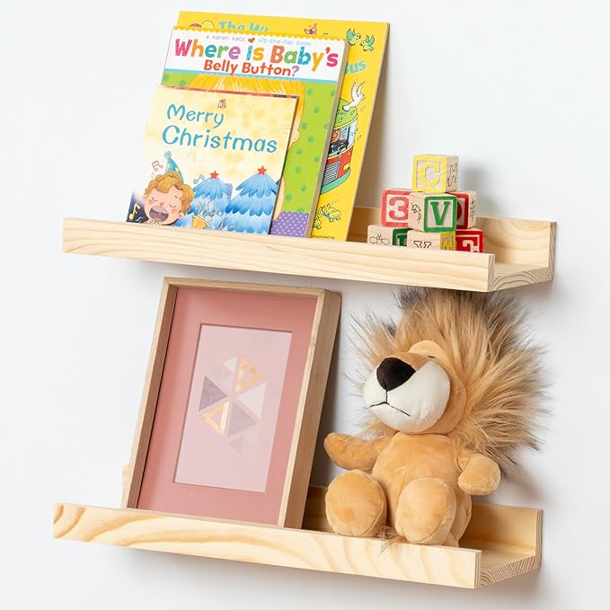 Picture Ledge Shelf for Wall, 16 inch Solid Pine Wood Nursery Book Shelves 2 Packs, Floating Ledge Shelves for Kids' Room Bed