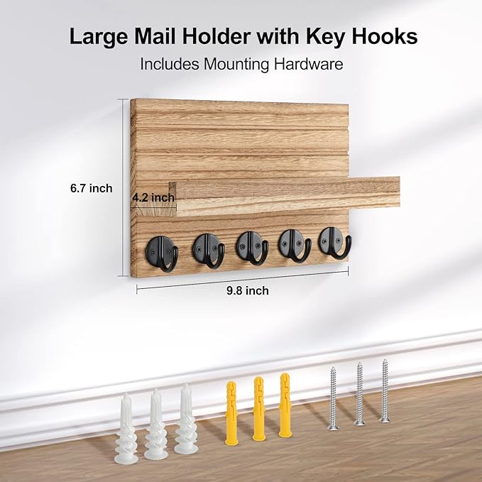Lwenki Key Holder for Wall, Decorative Key and Mail Holder with Shelf Has Large Key Hooks for Bags, Coats – Paulownia Wood Ke