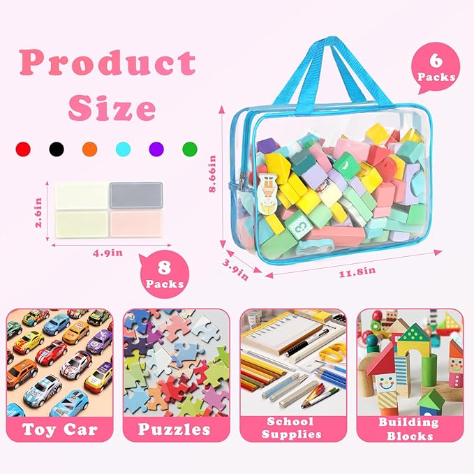6 Packs Toy Storage Bags with Labels, 11.8x8.7x3.9In Large PVC Reusable Clear Board Game Storage with Zipper, Travel Waterpro
