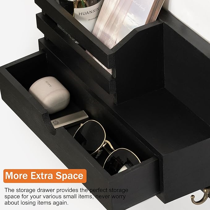 dreampossible Key and Mail Holder for Wall, Mail Organizer Wall Mount with 6 Hooks and Storage Drawer, Wooden Key Rack Hanger