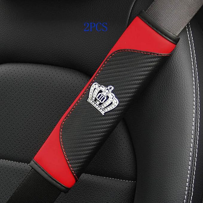 HYL World 2PCS Car Accessories Leather Car Seat Belt Cover Seat Belt Shoulder Pads with Bling Crystal Crown Decor,Red