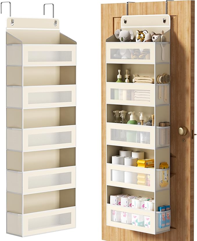 Over The Door Organizer with 5 Large Pockets, Over the Door Storage 10 Side Pocket 44 lb Load Behind Door Storage, Closet Doo
