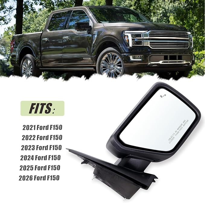 Right Passenger Side Door Mirror Compatible With 2021-2026 Ford F150 With Power Glass Manual Folding Heated Blind Spot Temperature Sensors Matte Black Replace#ML3Z17682VA (9 Pins)