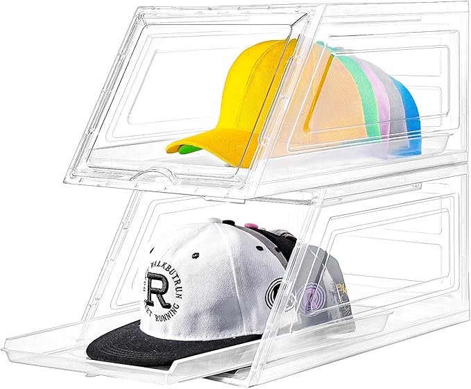 2 Pack Hat Organizer for Baseball Caps,Large Clear Cap Organizer with Drawer,Hats Holder Box for Closet with Sliding Tray,Sta