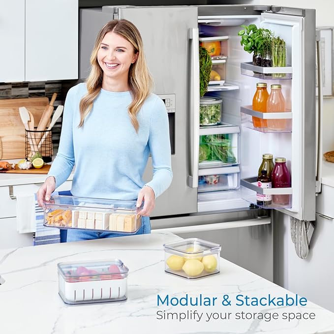 iDesign Crisp 3-Piece Recycled Plastic Refrigerator Organizer Bin Set with Lids, Clear/White