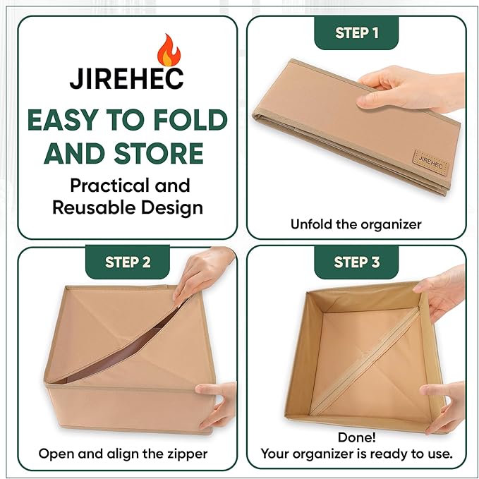 Clothes Organizer, Transform Your Drawers in Seconds - Cream Set of 6 Foldable Storage Boxes with Zipper, Durable 600D Fabric