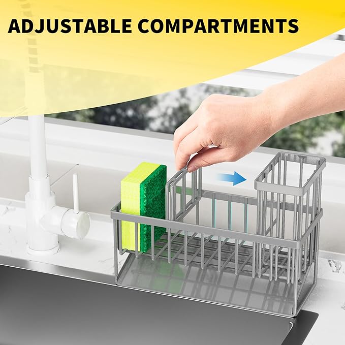 Cisily Sink Caddy Organzier with High Brush Holder, Sponge Holder for Sink, 304 Rustproof Stainless, Kitchen Countertop Soap 