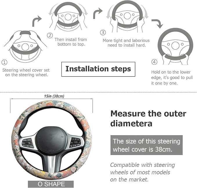White Rabbit Mushroom Steering Wheel Cover Auto Jacquard Steering Wheel Protector, Anti-Slip, Breathable, Absorbing Sweat, Un