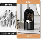 YOOLENS Makeup Brush Holder with Lid 360 Rotating Clear Dustproof Make Up Organizers for Vanity Bathroom Countertop, All Blac