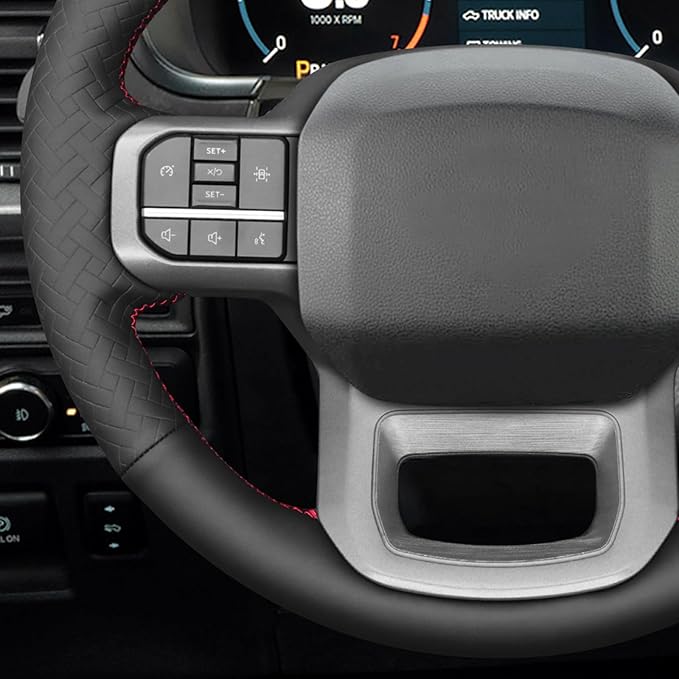 MEWANT DIY Black Smooth Woven Embossed Faux Leather Steering Wheel Cover for Ford F150 Lightning F350 2024 Expedition