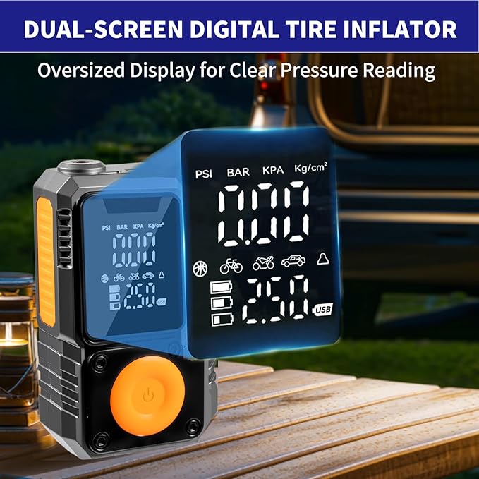 Portable Tire Inflator, 150PSI Cordless Air Pump for Fast Inflation, for Car Tires, Bike Tires, Motorcycles, and Balls, Featuring Pressure Gauge and LED Indicator