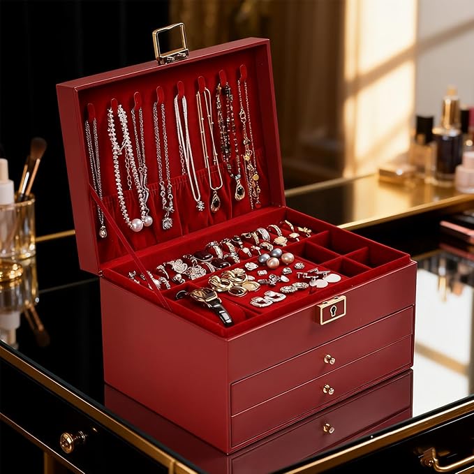 Greenfeather Jewelry Boxes for Women, Jewelry Organizer Box with Lid 3 Layers for Necklaces Rings Earrings and Bracelets Box 