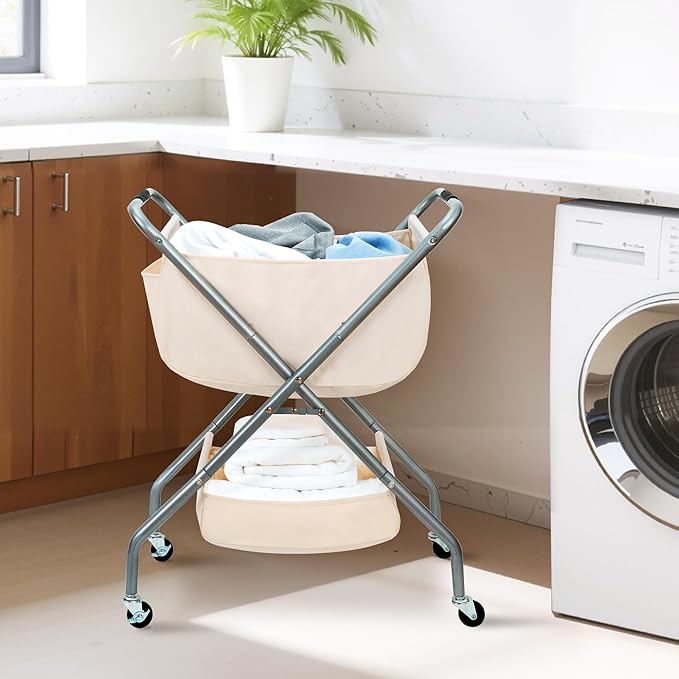 STORAGE MANIAC Collapsible Laundry Cart with Wheels 31.5"H Rolling Laundry Hamper Clothes Basket with Wheels, Canvas Liner St