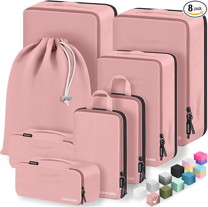 8 Set Compression Packing Cubes for Travel, Waterproof Luggage Organizers, Suitcase Organizer Set for Carry-On & Checked Bagg