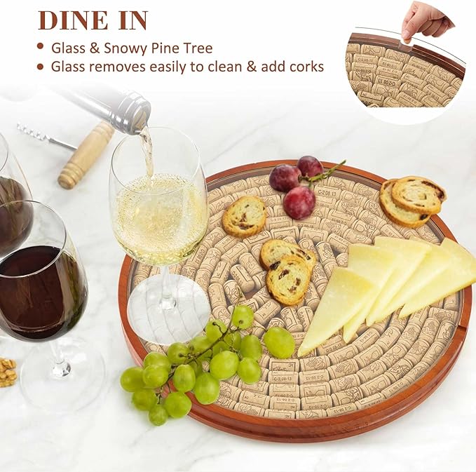 Maxdot Wine Cork Holder Decorative Wine Lover Creative Wedding Gifts for Couples Wooden Lazy Susan for Countertop with Glass 