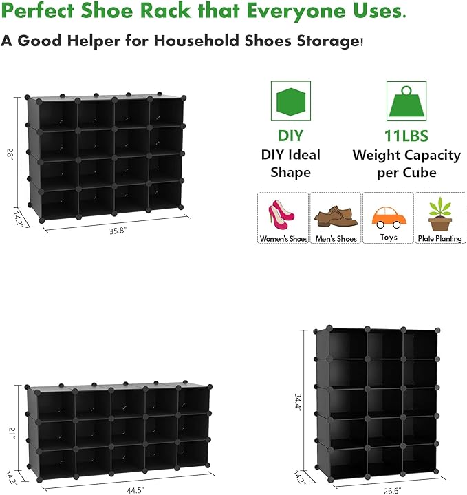 C&AHOME Plastic Shoe Rack,16-Cube Modular Shoes Storage Stand, Multifunction Closet Cabinet, Stackable Shoe Organizer Units f