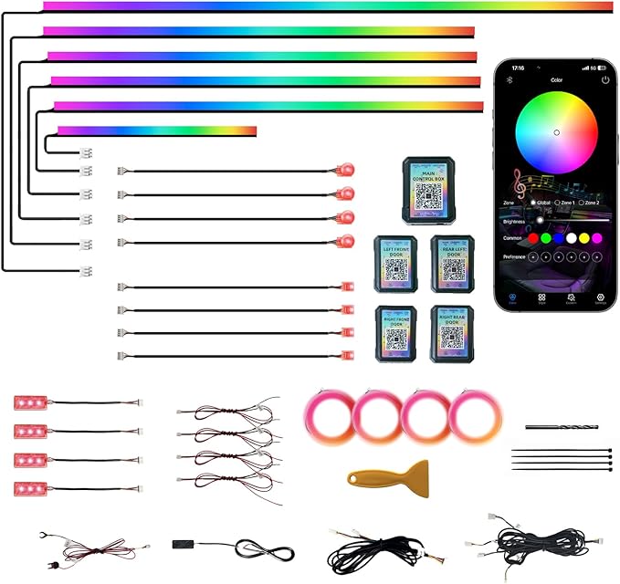 KENANEK Ambient Lighting Car Interior LED Strip Lights 22-in-1, 175” Acrylic Multi-Color Car Ambient Lighting Kit with Music Sync, APP Control, Interior LED Lighting for Cars SUVs Trucks