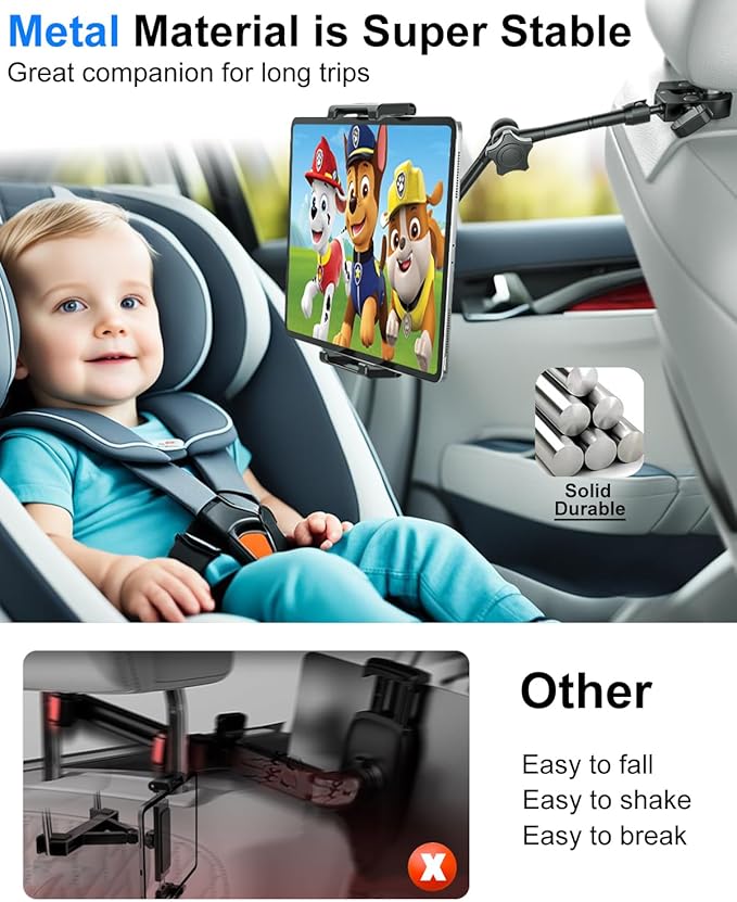 Car Headrest Tablet Holder - Metal Magic Arm, Car ipad Holder Backseat Kids with Universal Metal Clamp, Tablet Headrest Mount for iPad Pro 12.9 Air, Galaxy Tab, iPhone16, 5.5-15.6" Devices