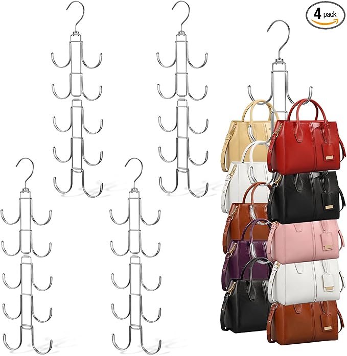 4 Pack Purse Organizer for Closet, Purse Hanger with 10 Big Hooks, 360 Degree Rotation Bag Holder for Organizer Display, Fold