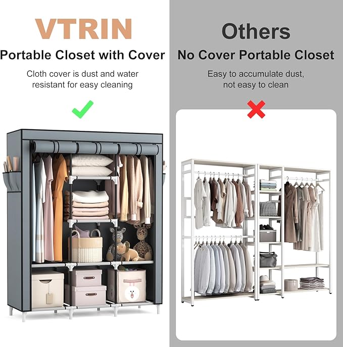 VTRIN Portable Closet Wardrobe for Hanging Clothes with 2 Hanging Rods and 8 Storage Organizer Shelves,Sturdy Large Wardrobe 