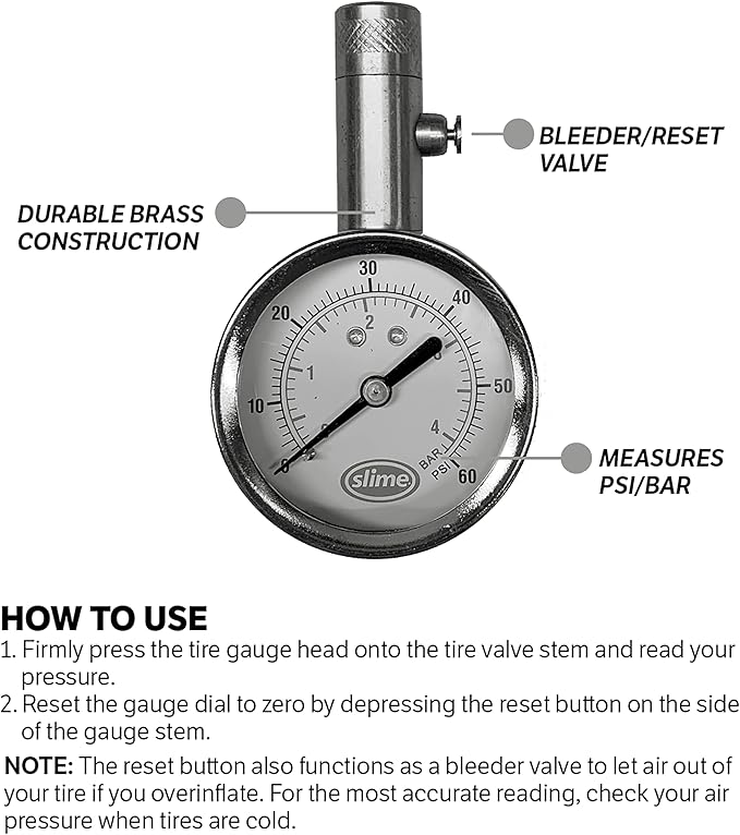 Slime 20459 Tire Pressure Gauge, Dial, Analogue, Brass Tire Gauge (5-60 psi)