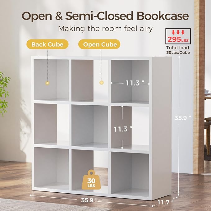 COMHOMA 9 Wood Cube Storage Organizer with Open Back and Removable Back Panels, 11In White Cube Storage Bookshelf, Cubicle Sh