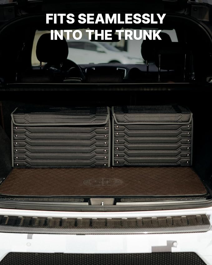 Owleys Trunk Storage 17.7" Collapsible Crate For Groceries, Tools & Travel Gear - Eco-Leather Car Organizer With Magnetic