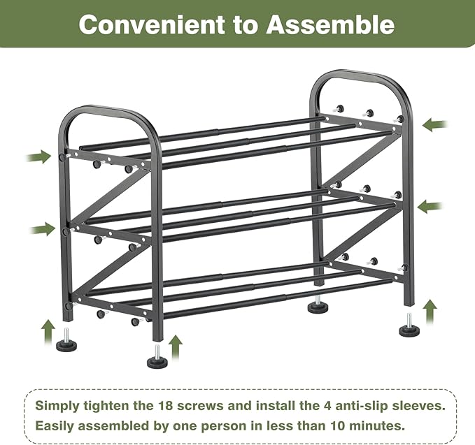 3-Tier Shoe Rack for Closet, 16"-32" Expandable ShoeRackAdjustable for Entryway Closet Doorway SturdyMetal, Black