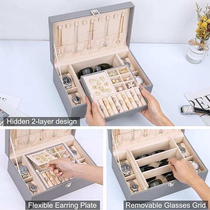 LANDICI Jewelry Box Organizer for Men Women, 2 Layer 4 Slot Watch Storage Case with Removable Tray, PU Leather Large Jeweller