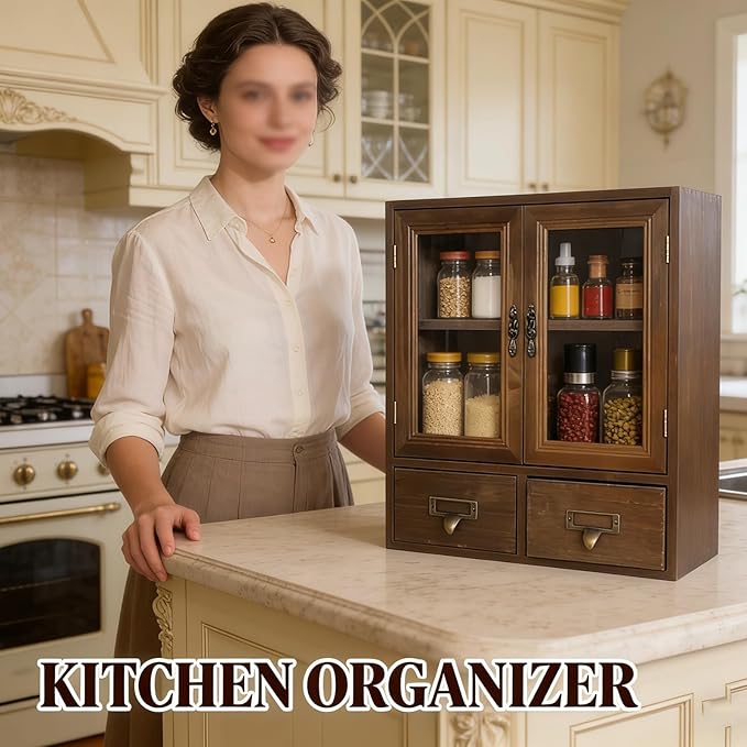 Rosetta Mini Countertop Country Vintage Locker, Wall-Mounted Wood Display with Organic Glass Door, Food Storage, 2 Bottom Dra