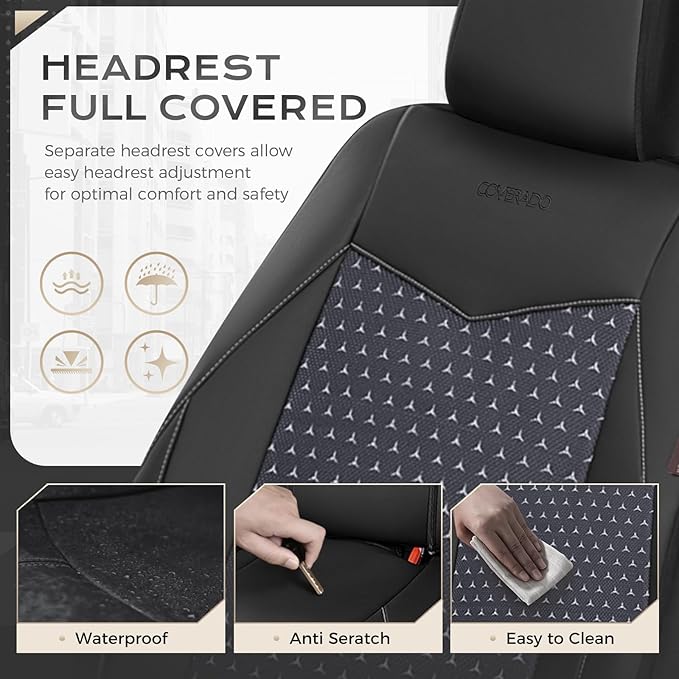 Coverado Front Seat Covers, Breathable Mesh & Leather Car Seat Protectors, Black Driver Seat Cover, Car Seat Cushions, Univer