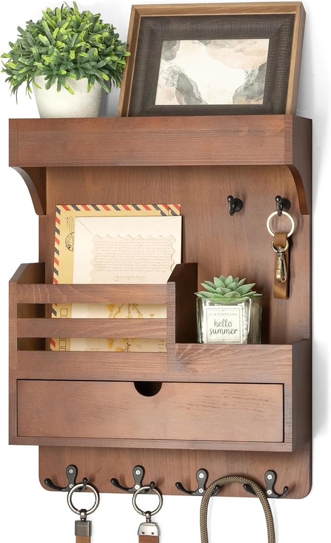 Rebee Vision Farmhouse Key Holder Wall Mount with Drawer Organizer – Pine Wooden Mail and Key Organizer for Wall with 6 Sturd