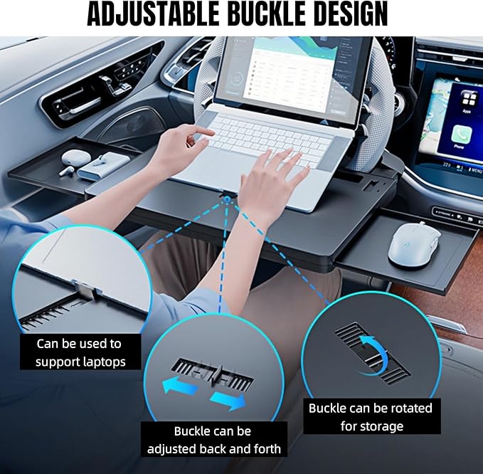 Large Car Steering Wheel Desk with Retractable Tray, Car Steering Wheel Tray Laptop Mount for Eating Food Drink and Writing Work, Fits for Most Cars (Black)