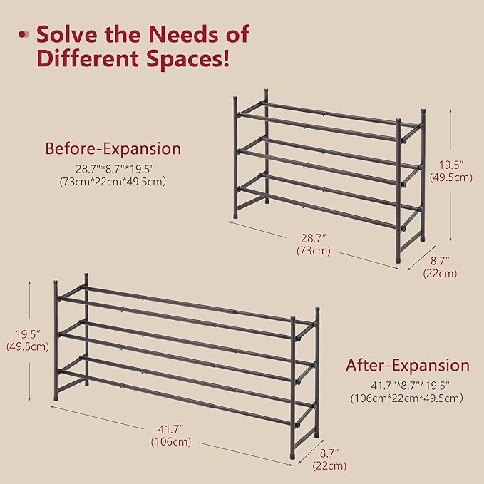 Tajsoon 3 Tier Expandable Shoe Rack for Closet, 28“-41“Adjustable & Stackable Shoe Shelf Storage, Metal Shoe Rack Organizer f