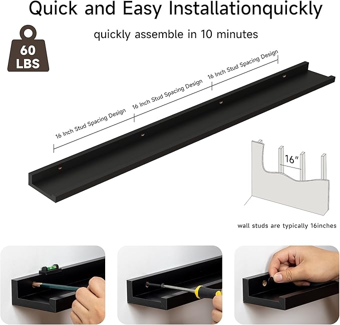 Fun Memories Picture Ledge Shelf, 60 Inch Floating Shelves Set of 2, Large Nursery Book Shelves for Toys Storage, Kids Booksh