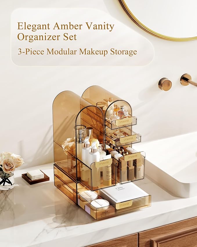 Makeup Organizer Countertop with Drawers & Lid, Skincare Organizer for Vanity, Large Cosmetic Organizer & Display Cases and S